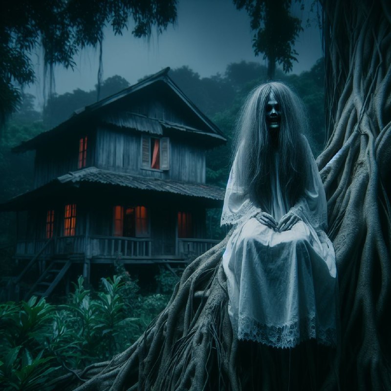 Long-Haired Ghost in White Dress Atop Haunted Tree