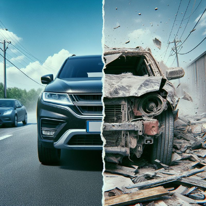 Split-Screen of New Car Versus Aged Destroyed Car