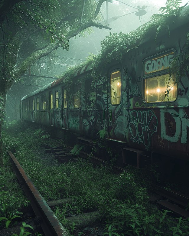 Misty Abandoned Platform With Luminous Graffiti Train
