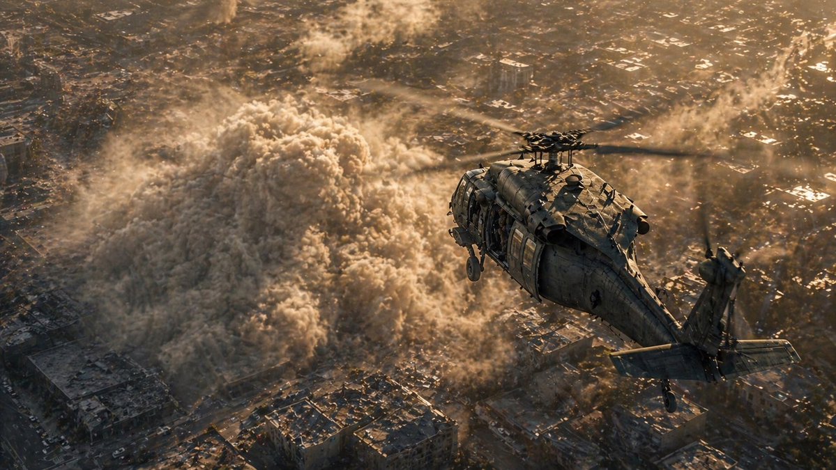 Cinematic Helicopter Urban Disaster Scene