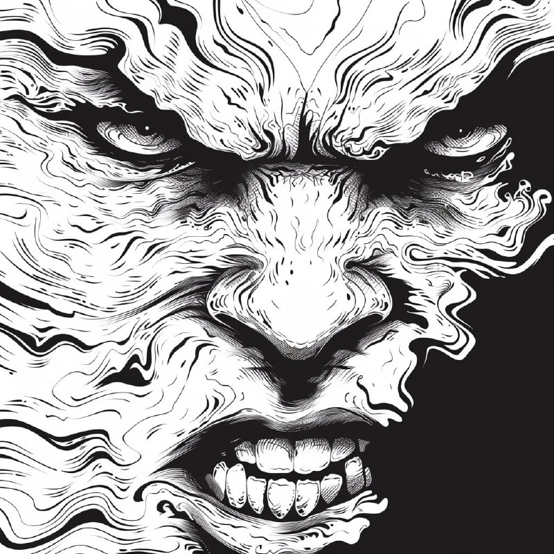 Scary Predatory Face in Layered Black and White Contours