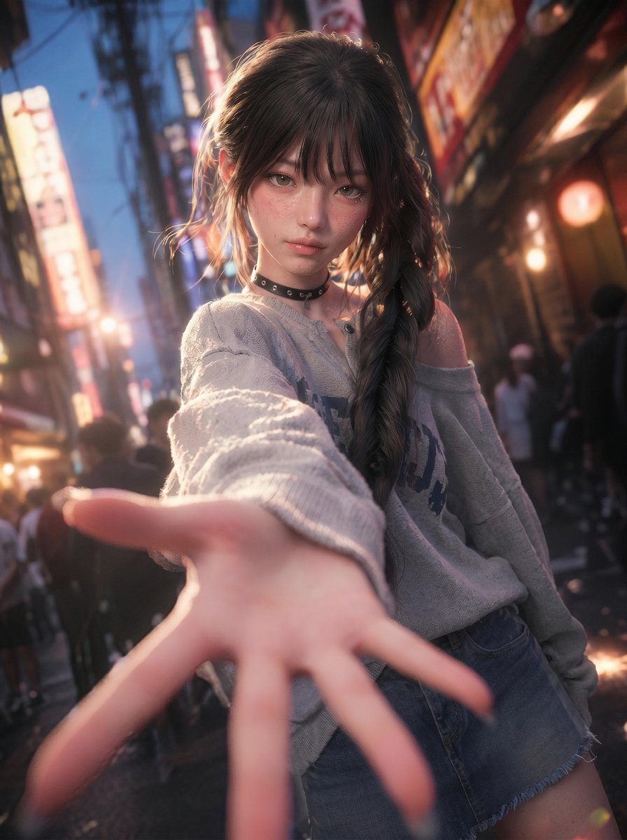 Neon Alley Girl Reaching Hand