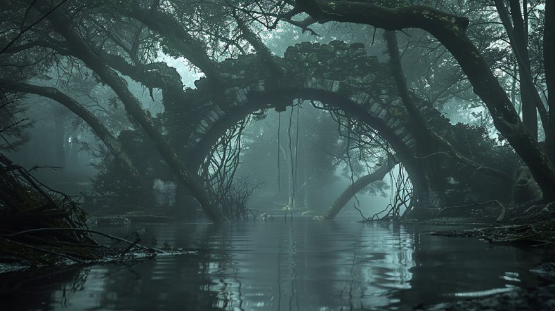 Ancient Arch of Triumph Ruins in Misty Swamp Forest