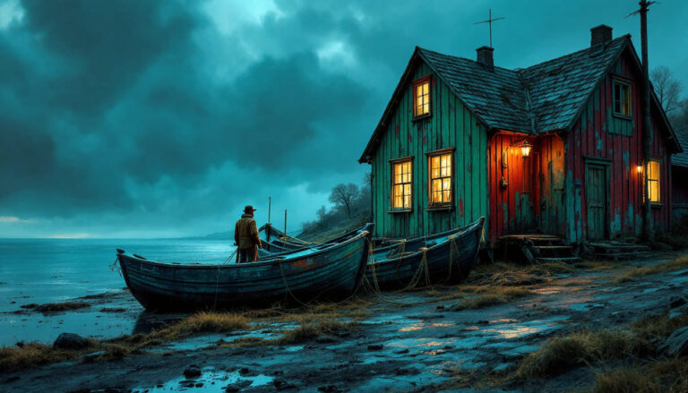 Winter Village With Boats and Lanterns