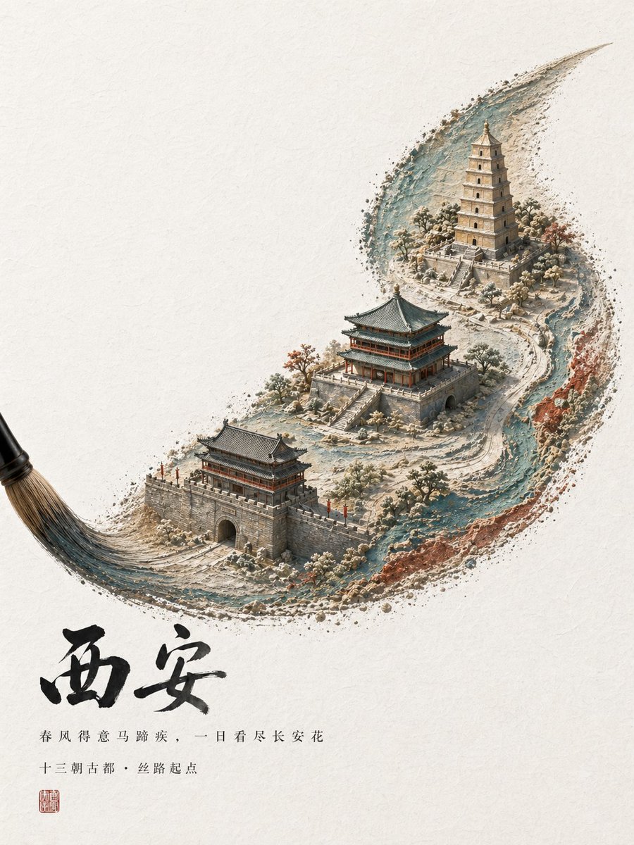 Ancient Xi'an Ink Painting Scroll