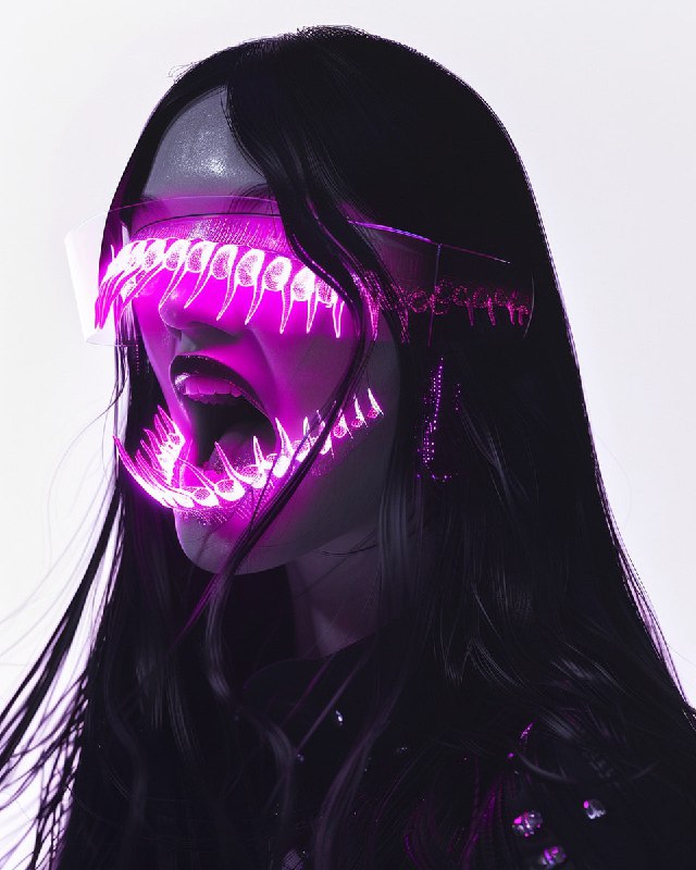 Surreal Woman With Pink Hologram Vampire Fangs