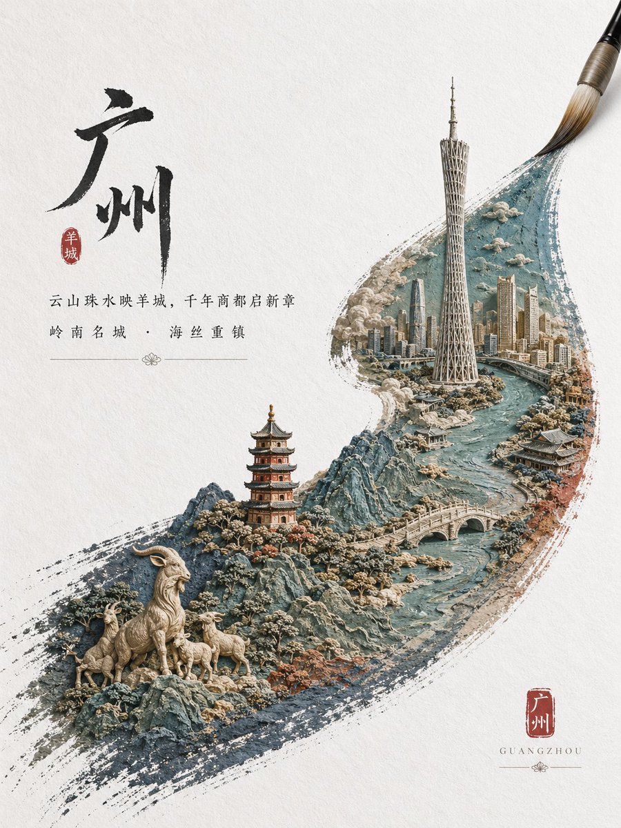 Elegant Guangzhou Ink Brush City Poster