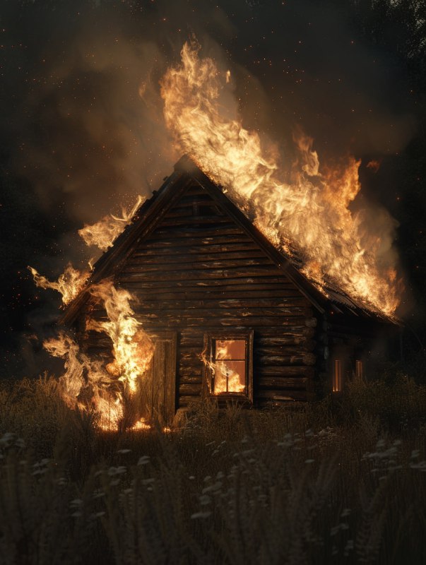 Burning Wooden House on Black Background 3D Render