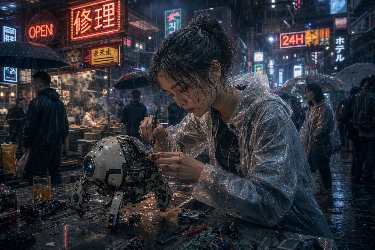 Cyberpunk Mechanic Repairing Robot In Rain