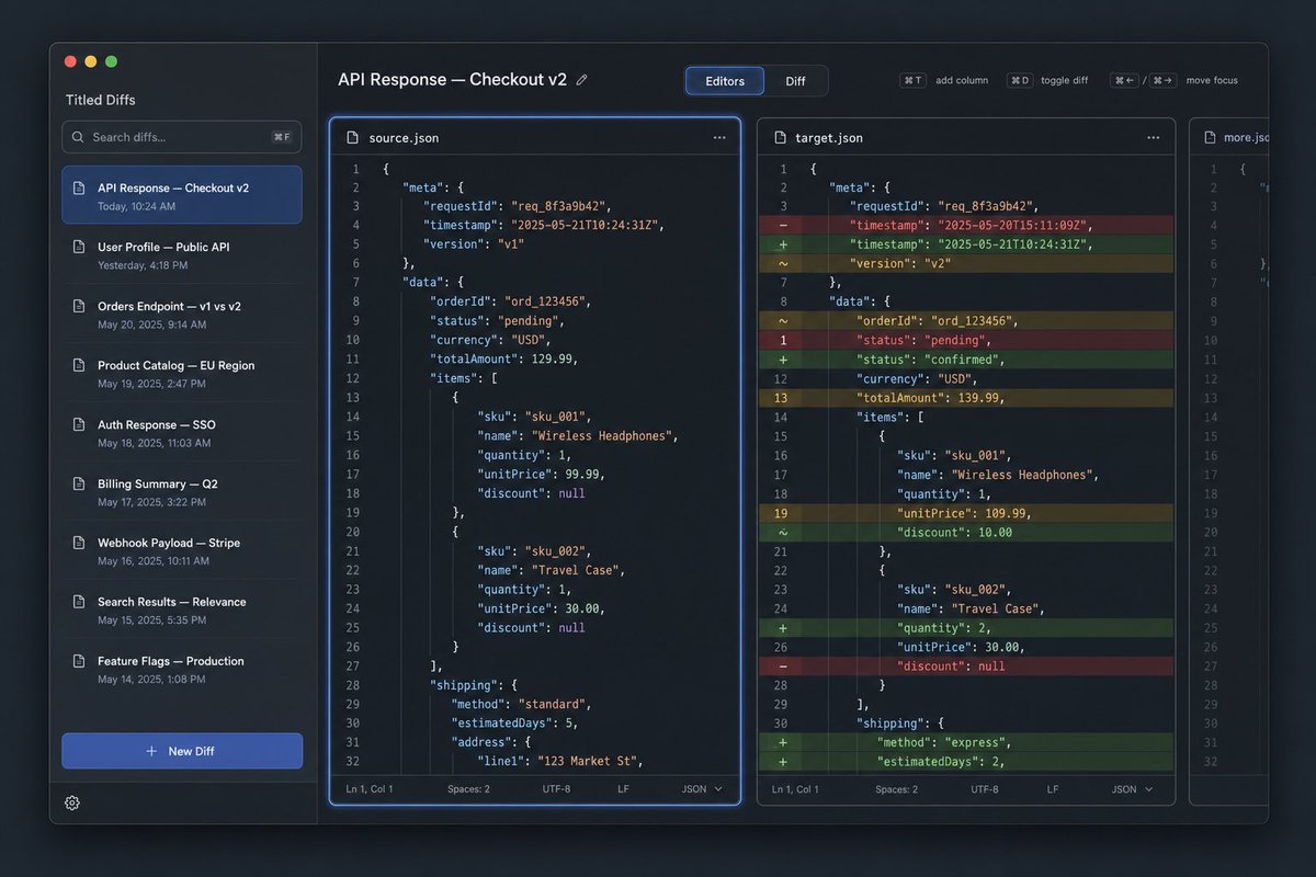 Dark Mode JSON Diff Tool UI