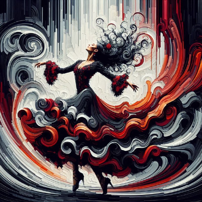Flamenco Dancer in Swirling Dark Red and Black Painting
