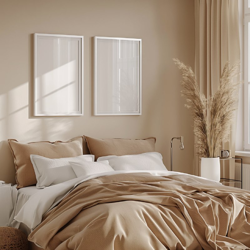 White Picture Frame Mockups in Elegant Beige Bedroom