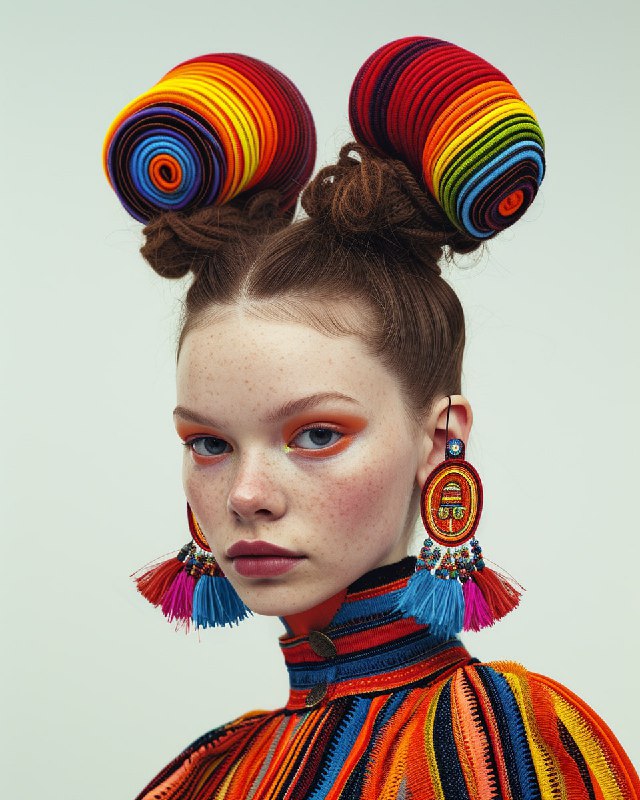Quirky Supermodel With Big Wacky Earrings and Hair Buns