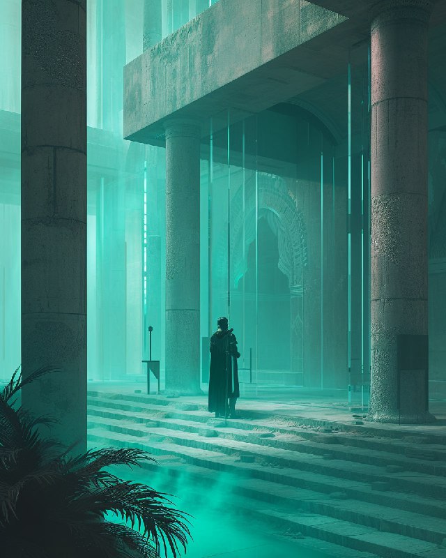Knight in Brutalist Interior Over Roman Ruins Teal Haze