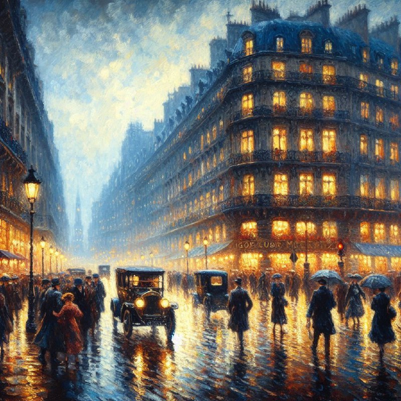Rainy Paris Night Streets Oil Painting With Lamplight
