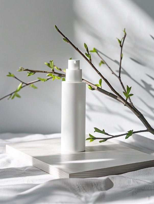 White Makeup Bottle With Green Bud Minimalist Product Shot