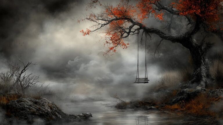 Lonely Swing in Foggy Forest