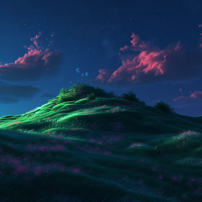 Dreamlike Anime Green Hill in Crimson and Blue Night