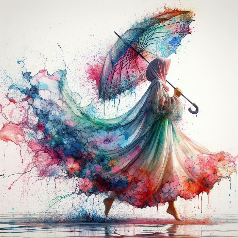Girl in Multicolor Abaya Dancing in Rain With Umbrella