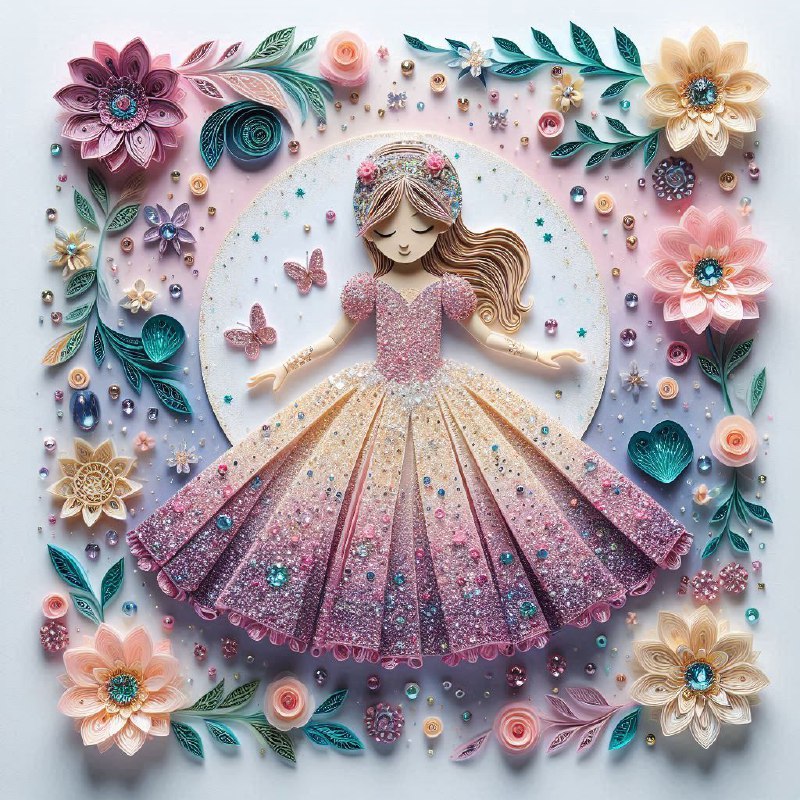 Sequin and Gem Quilling Girl in Flowing Liquid Dress