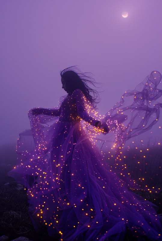 Woman in Violet Star Dress Dancing in Rose Foggy Dark