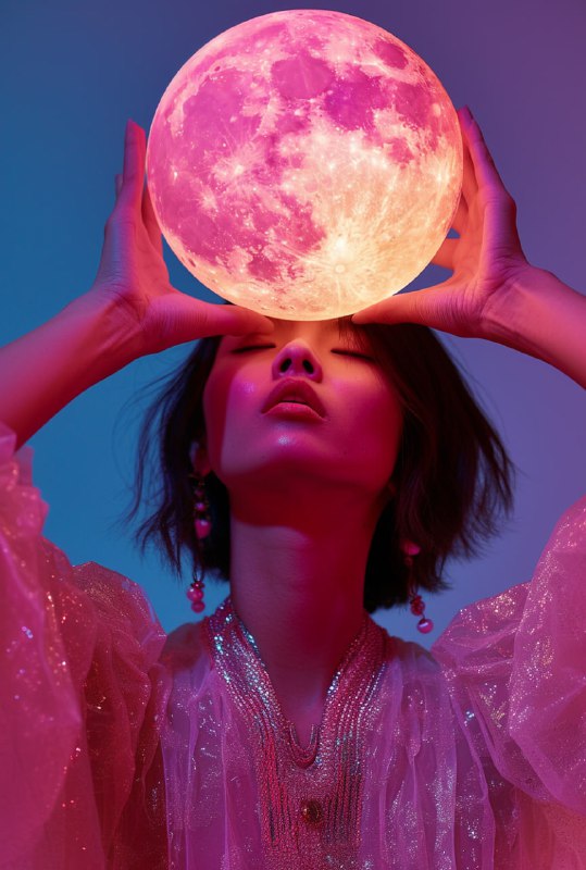 Avant Garde Woman Holding Glossy Pink Moon in Studio