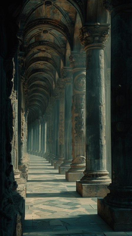 Old Cathedral Hallway With Carved Faces Matte Painting