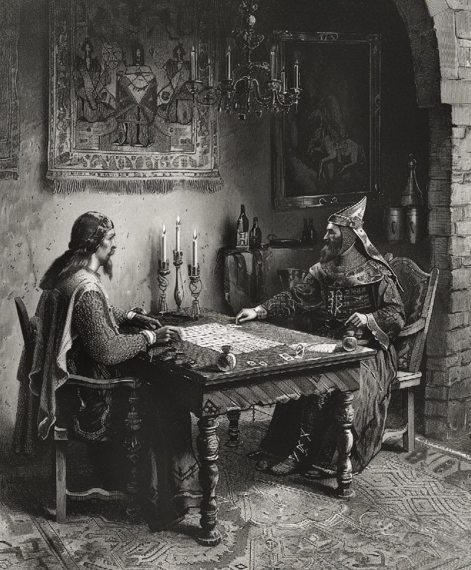 Medieval Card Players Engraving in Black and White