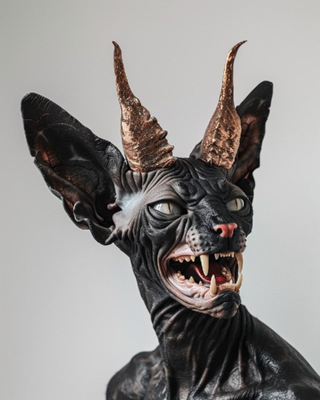 Sphynx Cat Man With Rose Gold Horns and Vampire Fangs