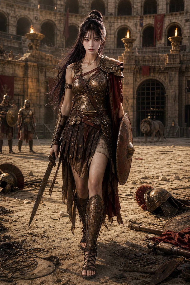Fierce Female Gladiator in Roman Arena