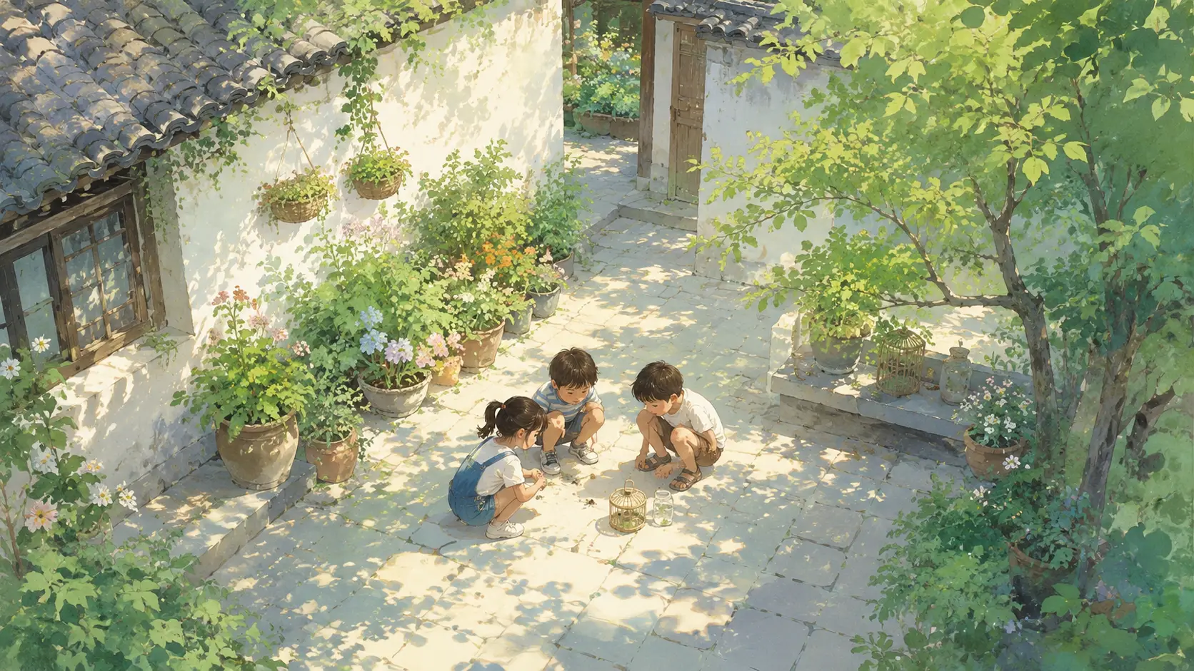 Children Playing Crickets in Oriental Courtyard