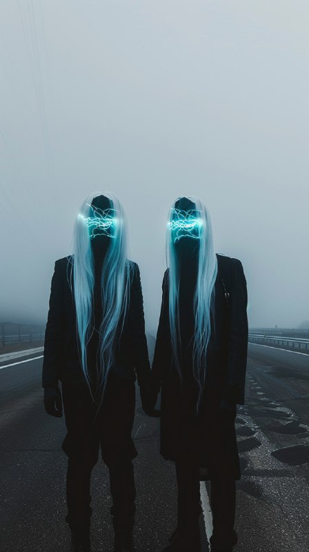 Futuristic Duo in Black Suits With Light Wave Mask