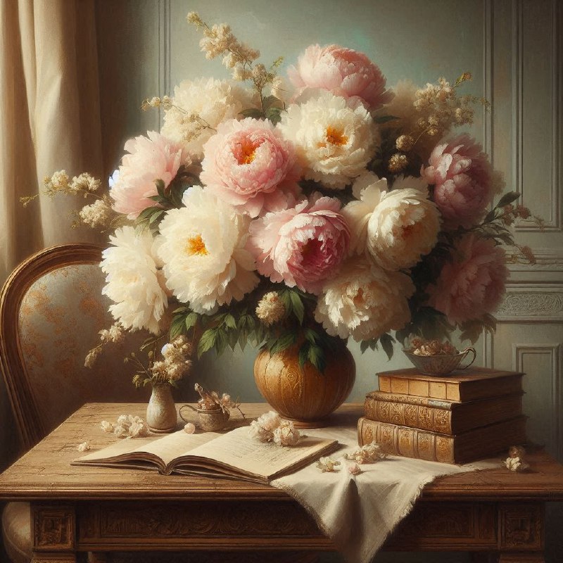 Dark Moody Peony Bouquet on Wooden Table Antique Style