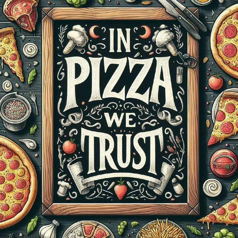 In Pizza We Trust Blackboard Doodle Illustration