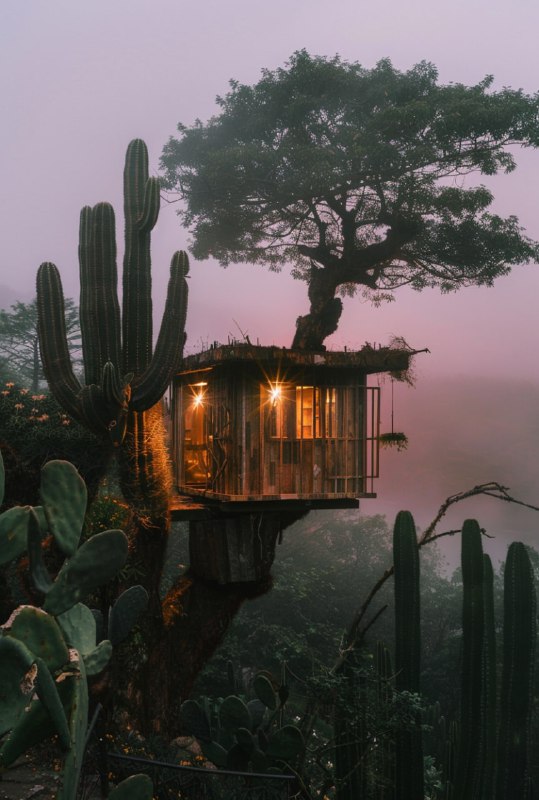 Treehouse With Gold Stars at Sunrise Among Cacti
