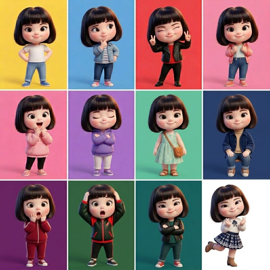 Pixar-Style Girl Six Outfit Designs