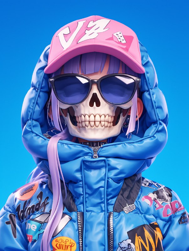 NFT Skull Girl in Puffy Sticker Jacket 3D Portrait