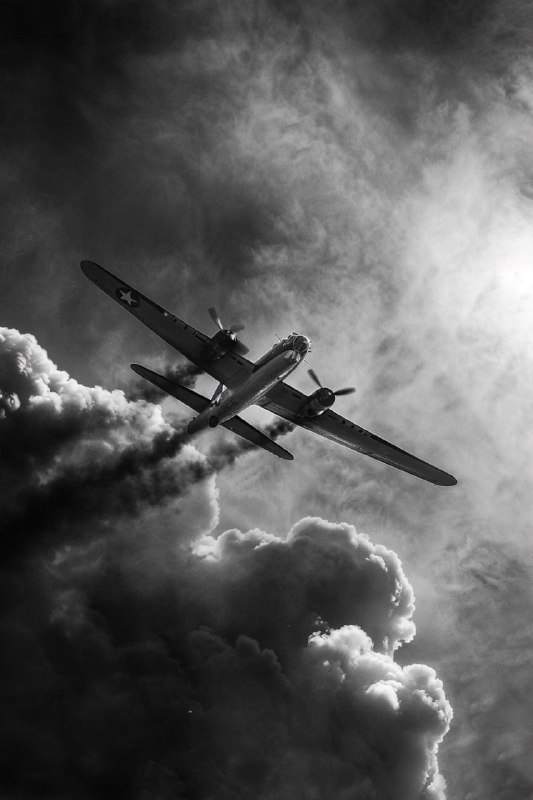 B17 Bomber Diving With Engine Fire Vintage Photo