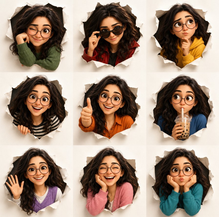 Cute 3D Girl Emoticon Grid