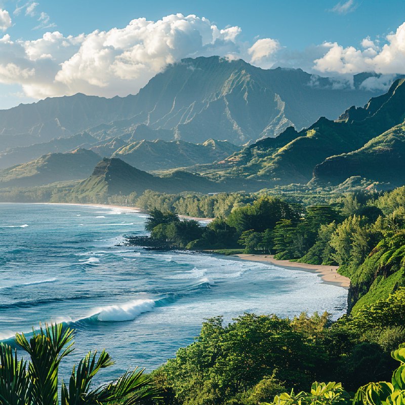 Hawaii Beach Landscape With Mountain Background