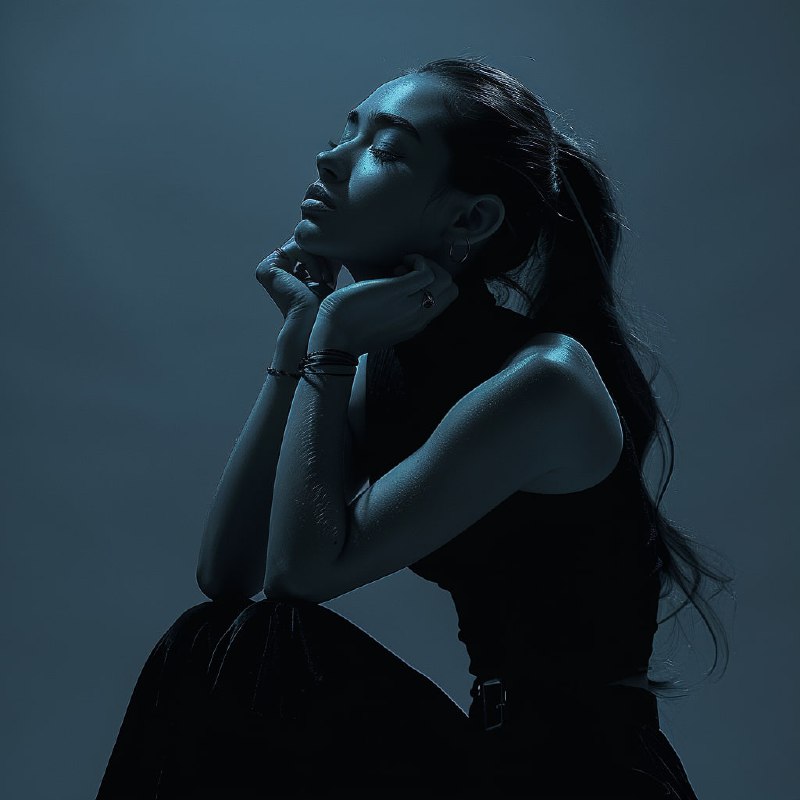 Kneeling Girl With Sleek Ponytail in Soft Studio Light