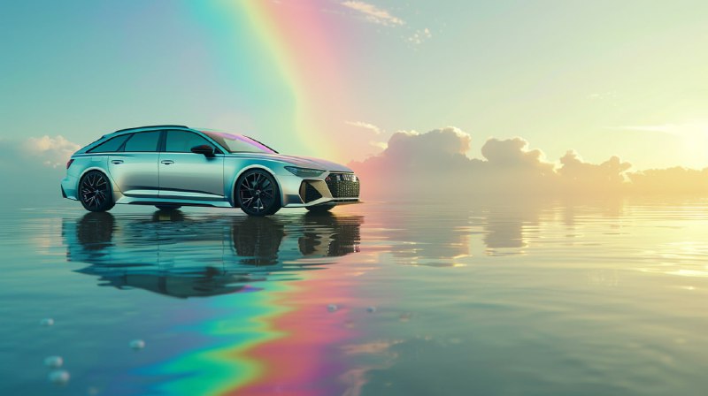 Silver Audi RS6 on Island With Rainbow Light 3D Render