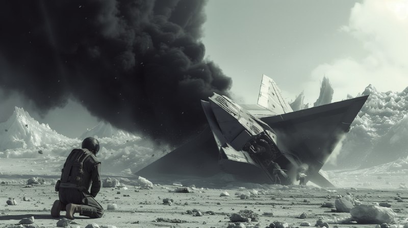 Crashed Stealth Spaceship Behind Kneeling Bounty Hunter