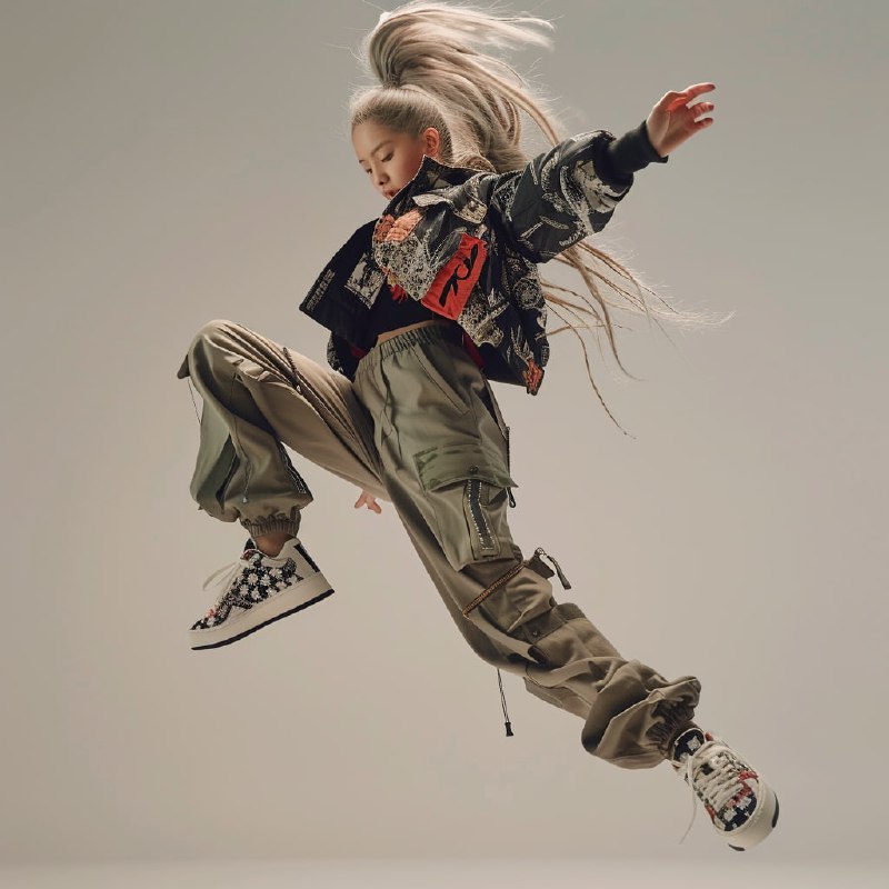Hip-Hop Girl Jumping in Cargo Pants and Japanese Jacket