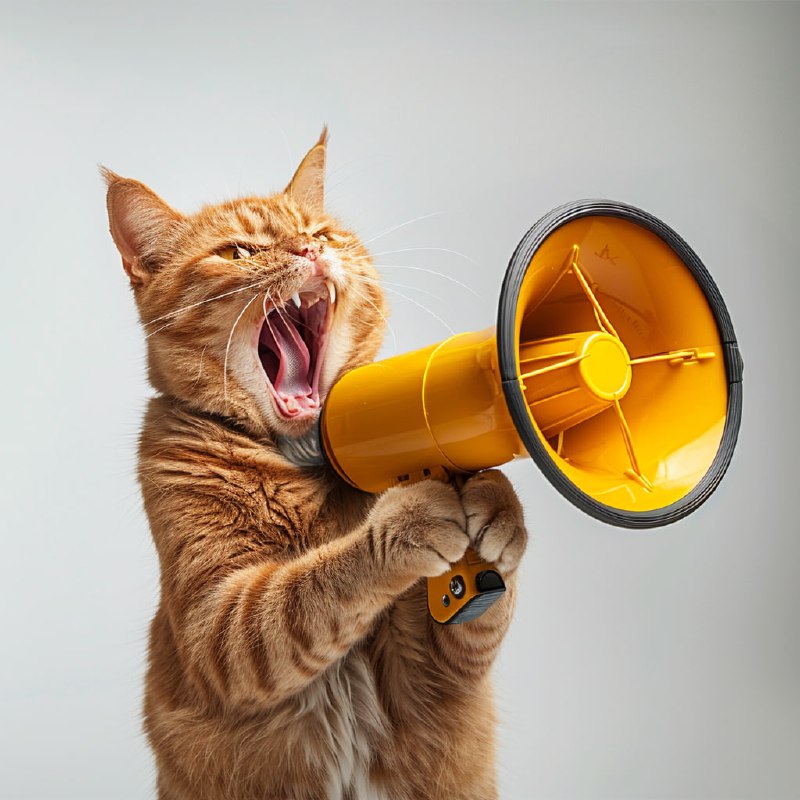 Funny Red Cat Screaming Into Yellow Loudspeaker