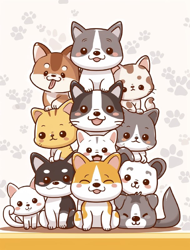 Kawaii Cats and Dogs Stacked Vector Illustration