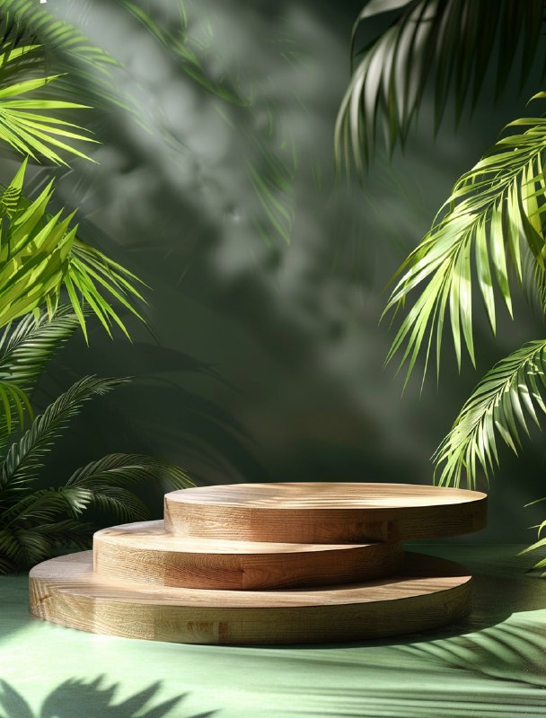 Wooden Podium With Palm Leaves on Green Backdrop