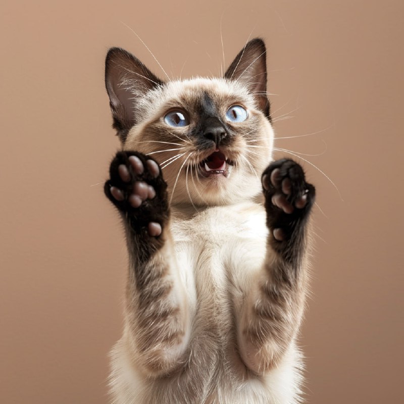 Funny Siamese Cat Raising Paws With Mouth Open