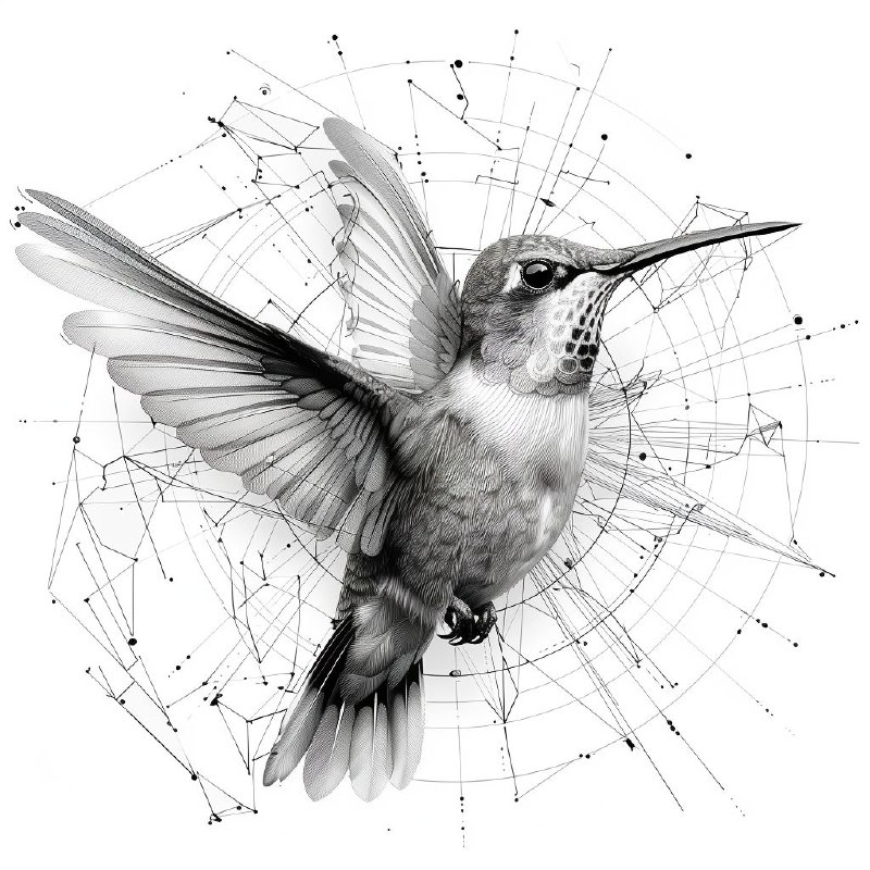 Da Vinci Style Line Drawing of Flying Hummingbird