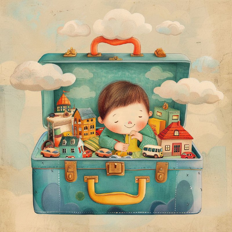 Kids Sitting in Open Suitcase Full of Toys and Clouds